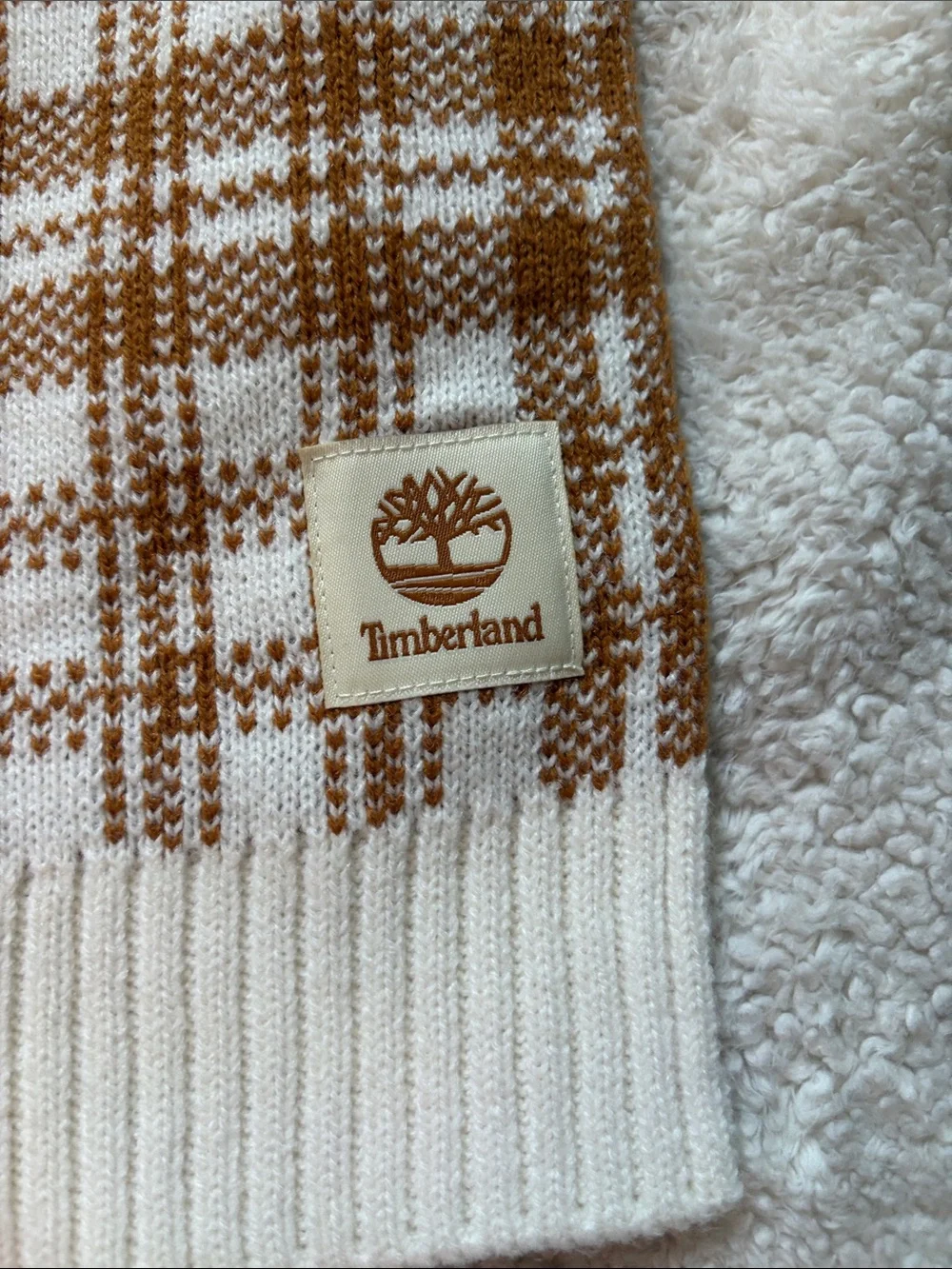 Timberland Cream & Brown Plaid Knit Scarf - Brand Logo Accent